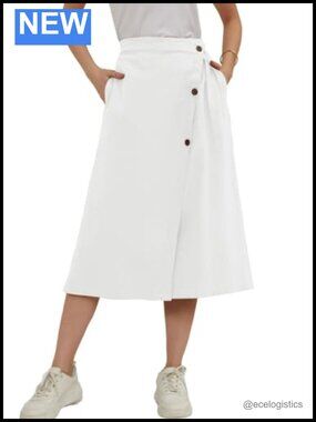 Women's Linen Viscose Elastic Waist A-Line Midi Skirt Summer
